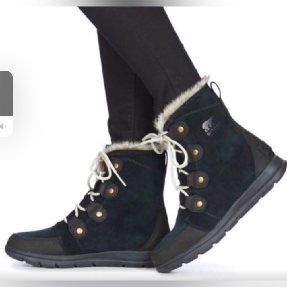 Sorrel Explorer Joan Black Leather Suede Lace Up Faux Fur Winter Boots